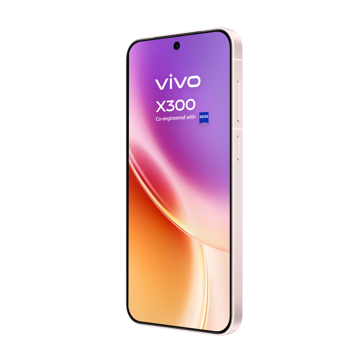 Wyświetlany jest smartfon z gradientowym ekranem (od fioletu do pomarańczowego). Telefon ma logo Vivo X300 i jest współtworzony z firmą Zeiss.