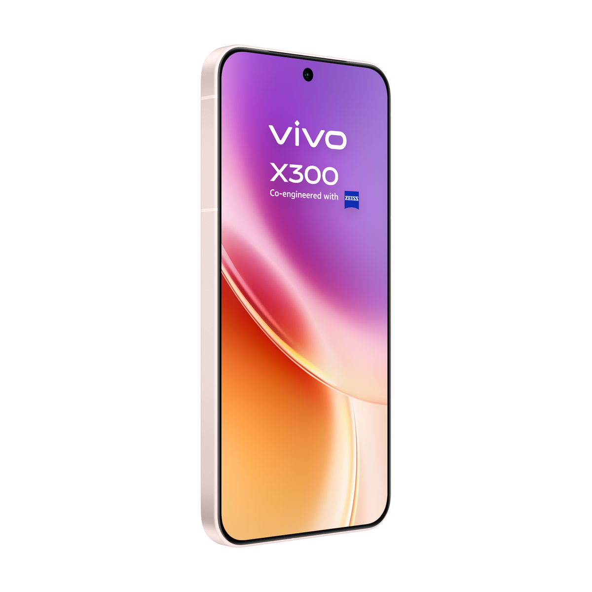 Wyświetlany jest smartfon Vivo X300. Ekran pokazuje gradient kolorów. Telefon jest w kolorze różowego złota na czarnym tle.