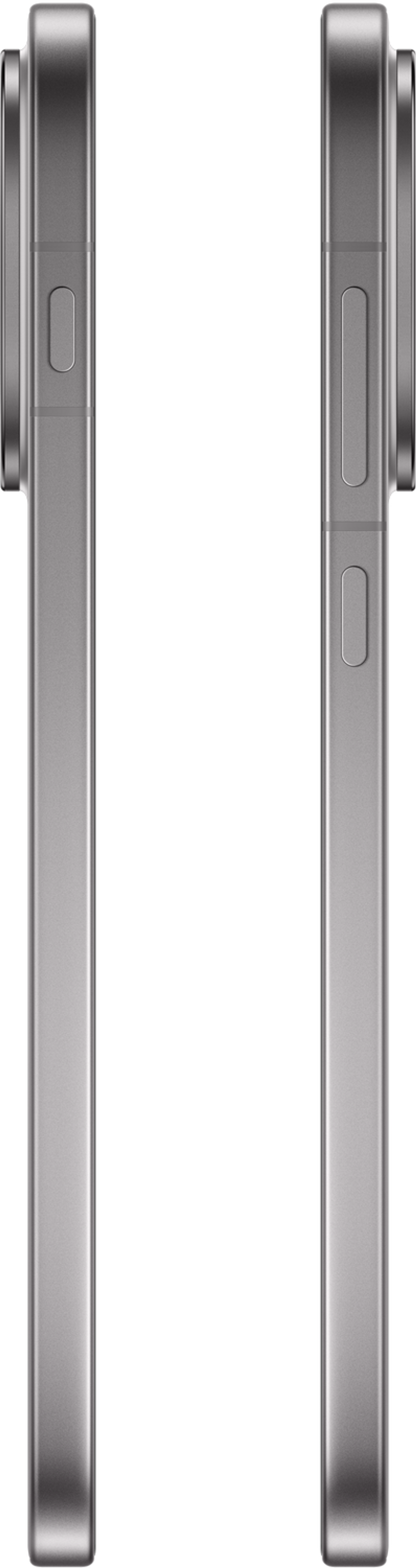 Vue latérale de deux smartphones argentés identiques sur fond noir. Les boutons sont visibles.