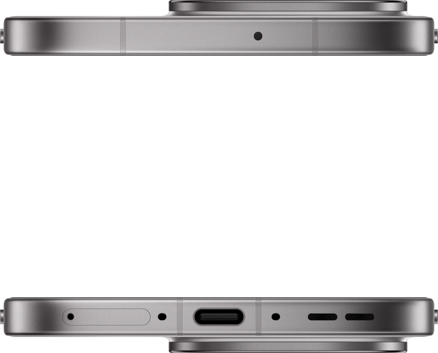 Vues supérieure et inférieure d'un smartphone argenté. Le haut a une caméra et un micro, le bas un port et des haut-parleurs.