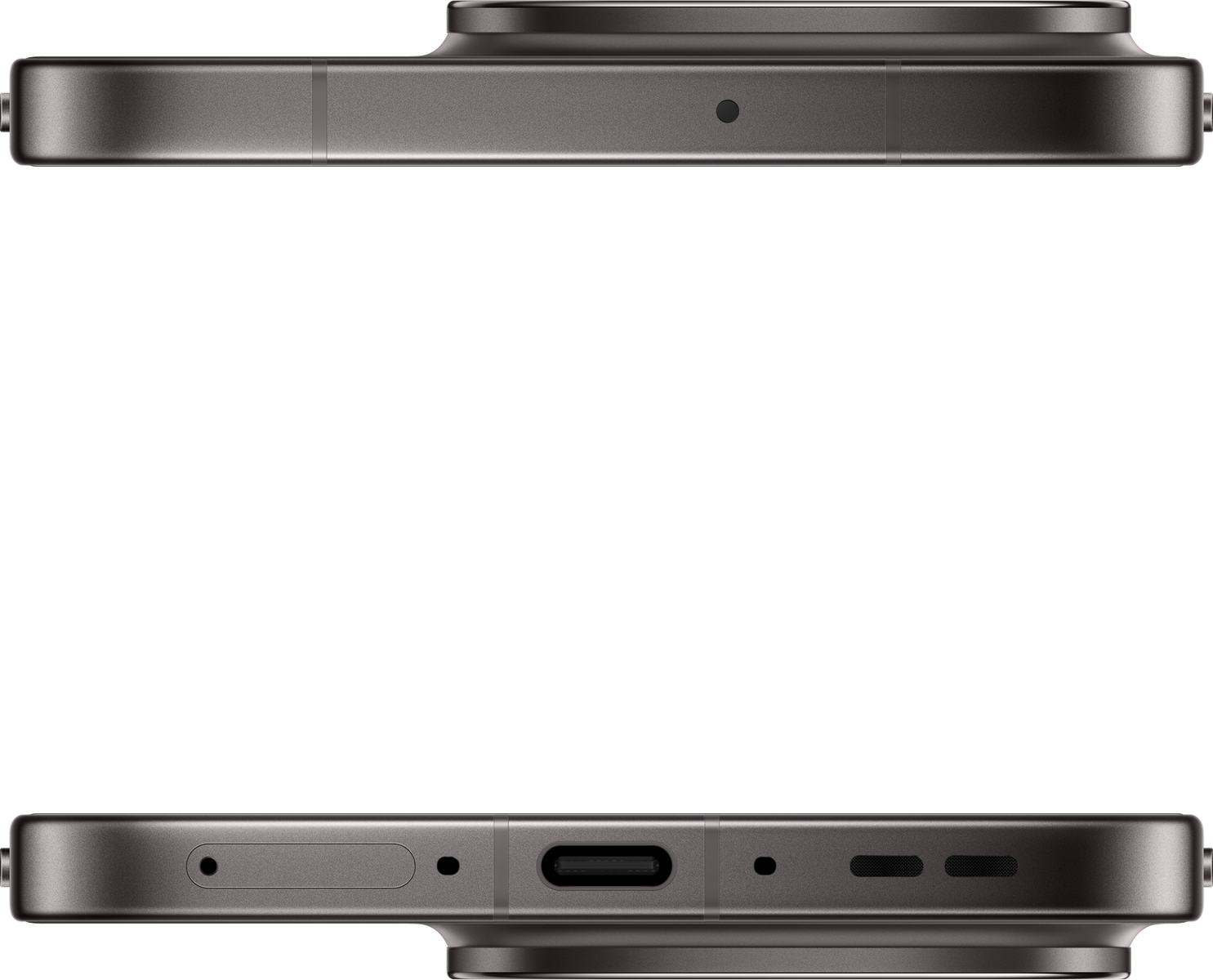 Gros plan des bords supérieur et inférieur d'un smartphone gris foncé. Ports, boutons et objectif d'appareil photo visibles sur fond noir.