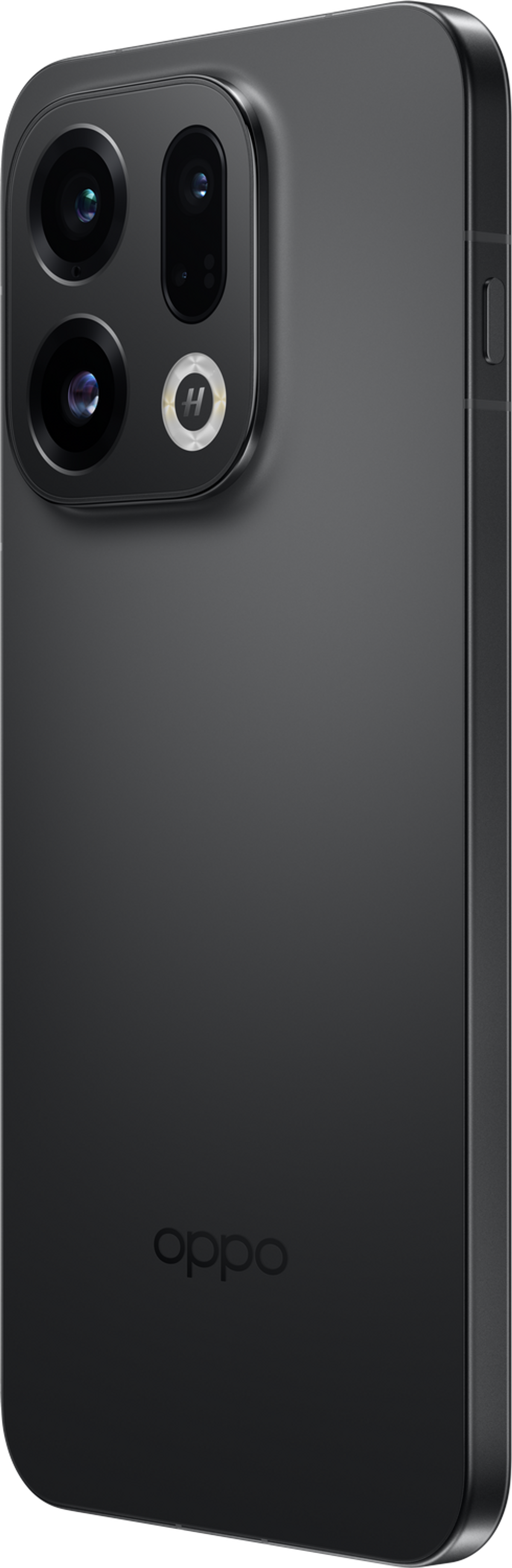 Un smartphone noir avec une bosse pour l'appareil photo. Le logo Oppo est en bas. Il possède 4 caméras.
