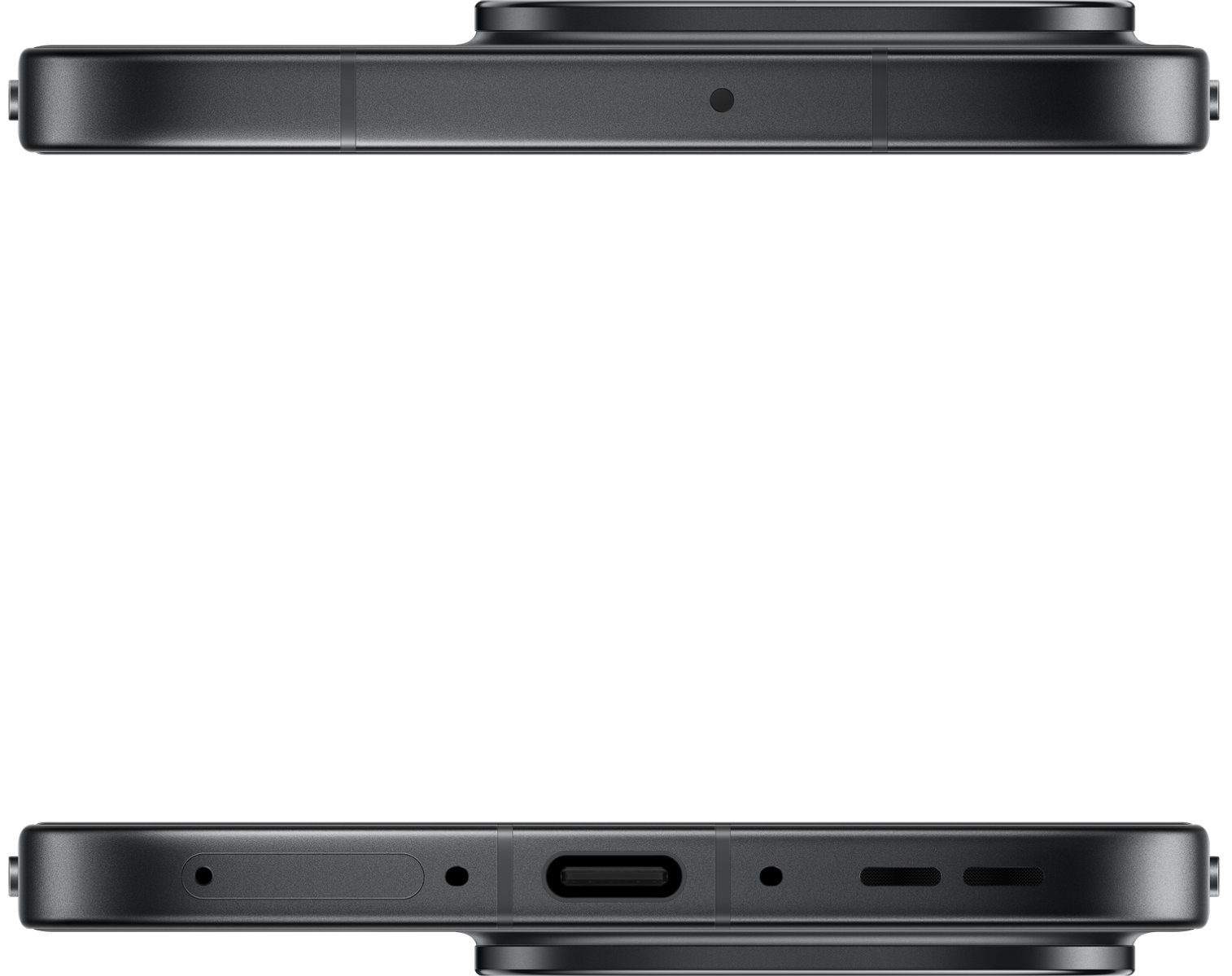 Gros plan d'un smartphone gris foncé. En haut : caméra et micro. En bas : haut-parleur, port USB-C et micros. Fond noir.