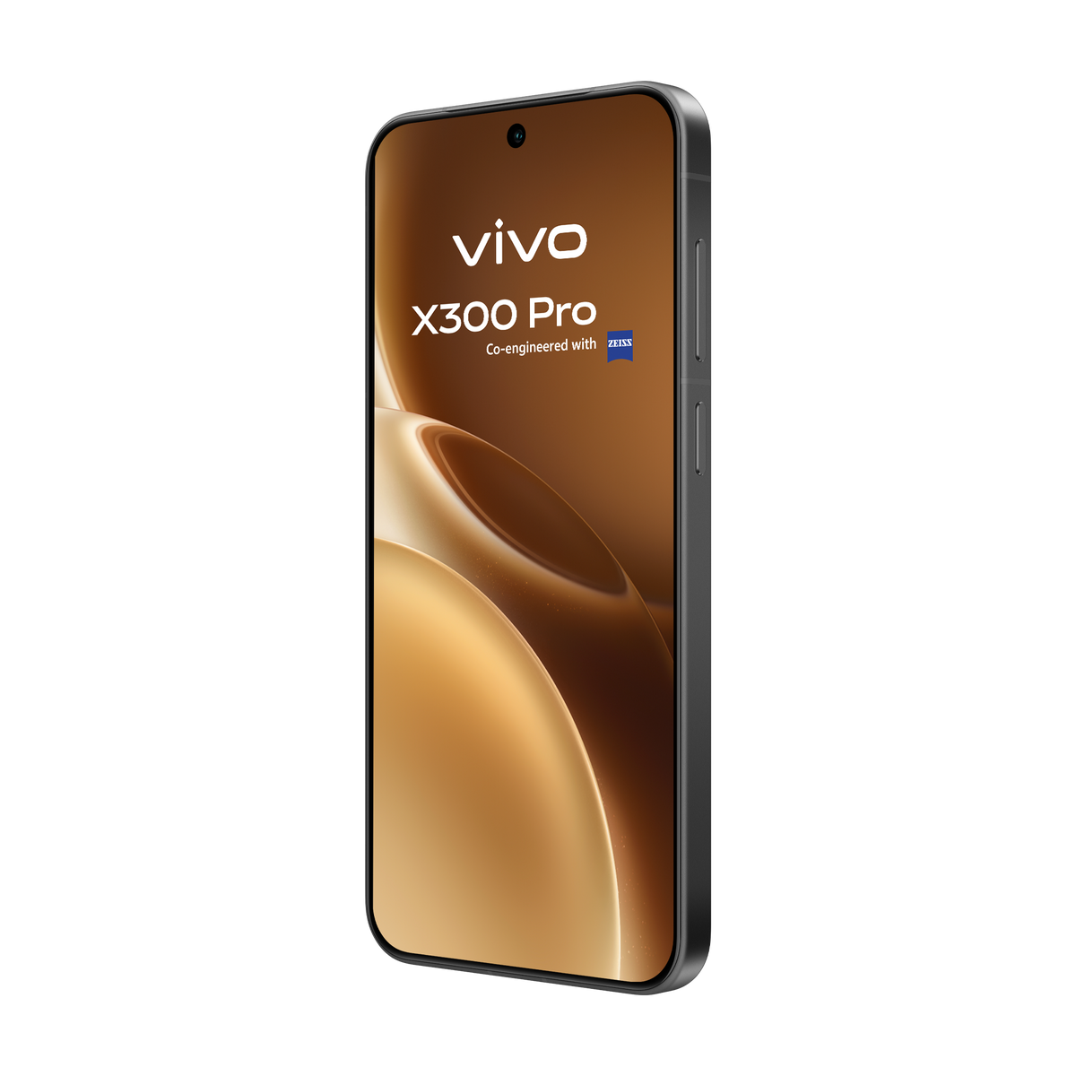 Smartfon Vivo X300 Pro z zakrzywionym ekranem, czarną ramką i złotym tłem z logo Vivo i Zeiss.