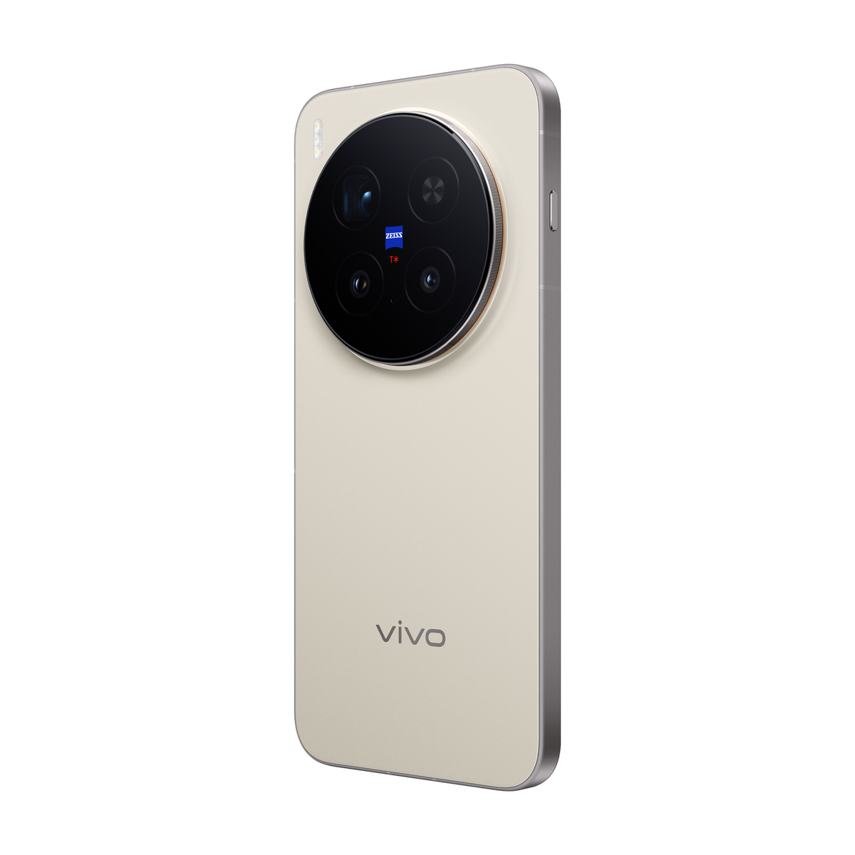 Beżowy smartfon z dużym, okrągłym modułem aparatu. Moduł ma cztery obiektywy i logo Zeissa. Na telefonie wydrukowano 'vivo'.