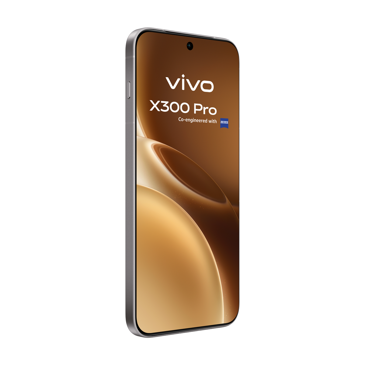 Srebrny smartfon Vivo X300 Pro ze złotym ekranem, telefon jest pod kątem. Ekran wyświetla logo Vivo i logo ZEISS.