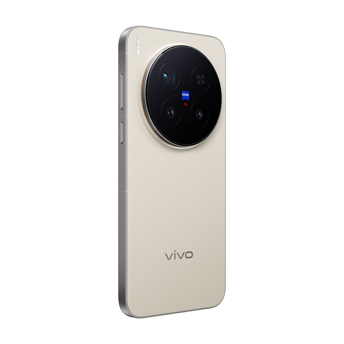 Beżowy smartfon z dużym modułem aparatu z marką Zeiss, srebrną ramką i logo Vivo na czarnym tle.