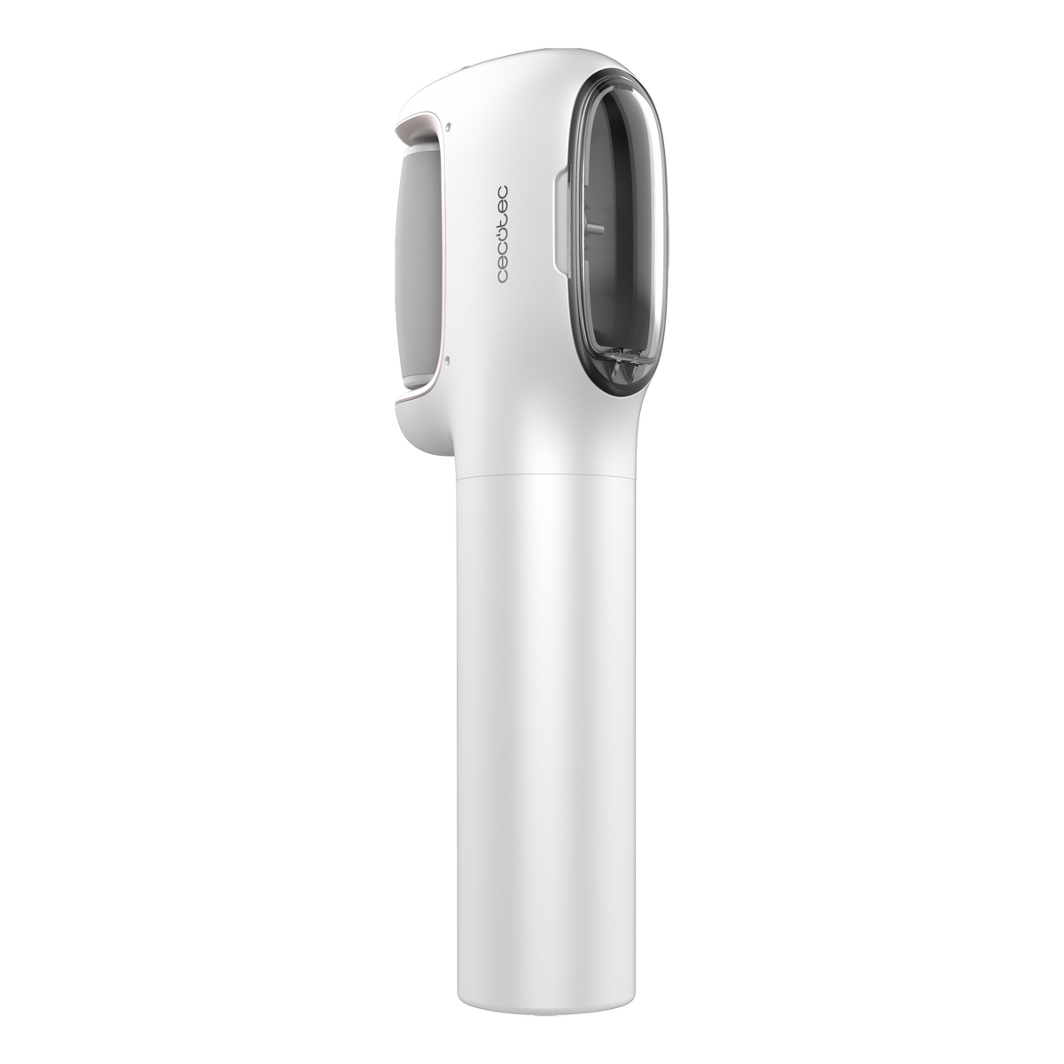 Un dispositivo Cecotec bianco e grigio, probabilmente un aspirapolvere o purificatore d'aria, con manico e sezione trasparente, su sfondo nero.