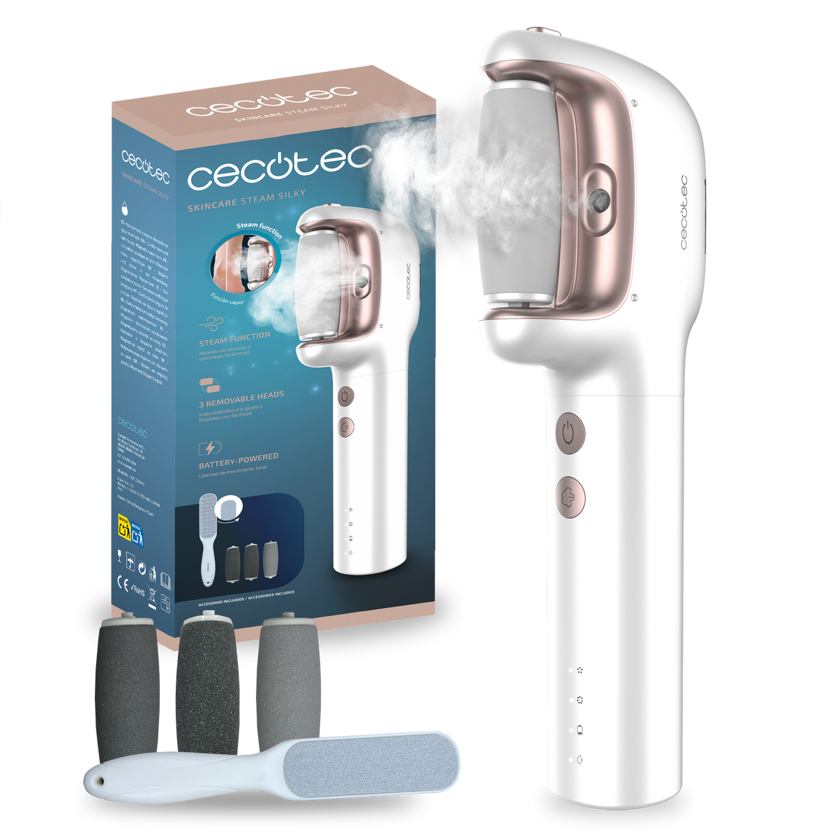 Un vaporizzatore per la cura della pelle bianco e oro rosa con accessori. La scatola mostra le caratteristiche del prodotto. Il vapore emana dal dispositivo.