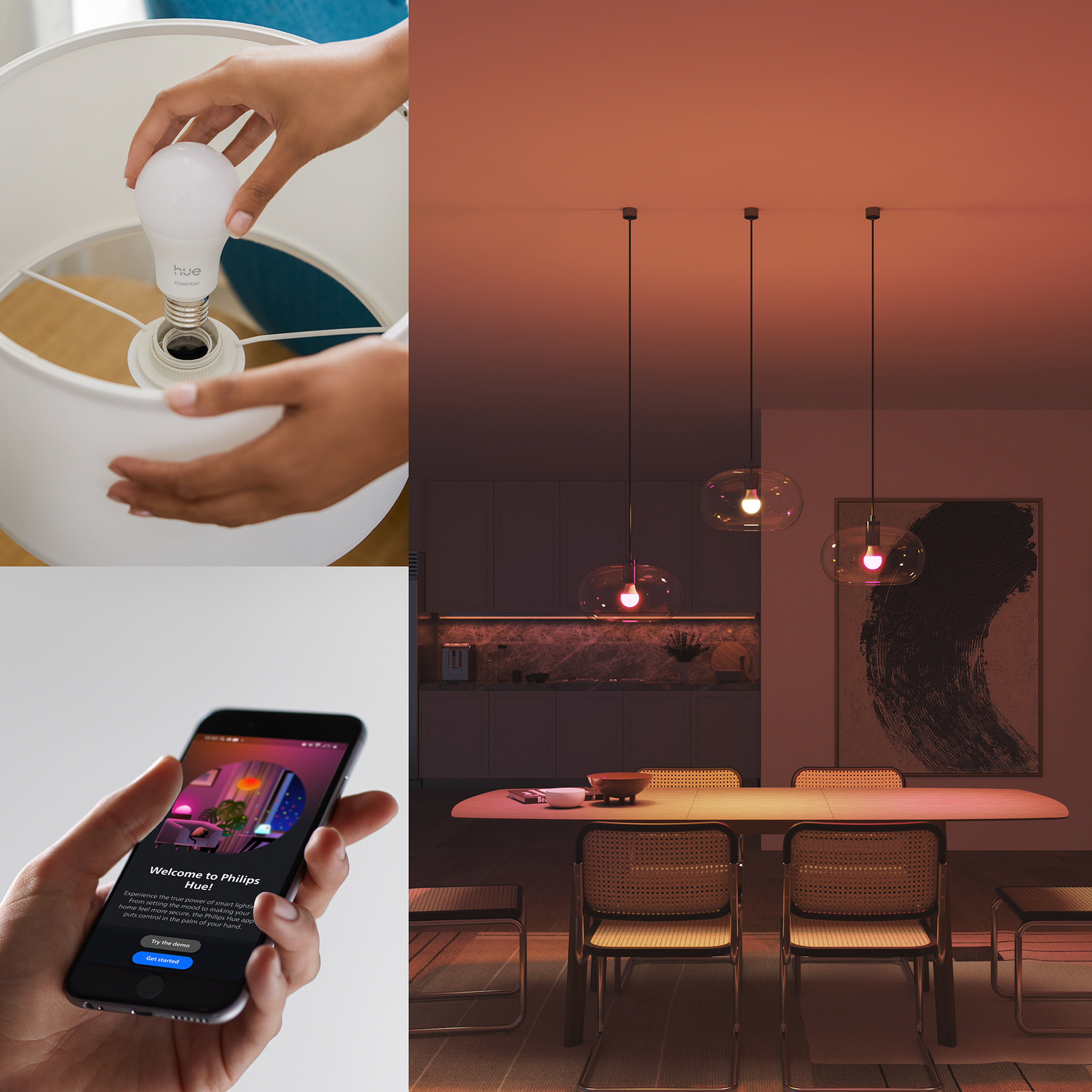 Eine Person installiert eine Philips Hue-Glühbirne. Das Telefon zeigt die App an. Ein Esszimmer hat Hängelampen.