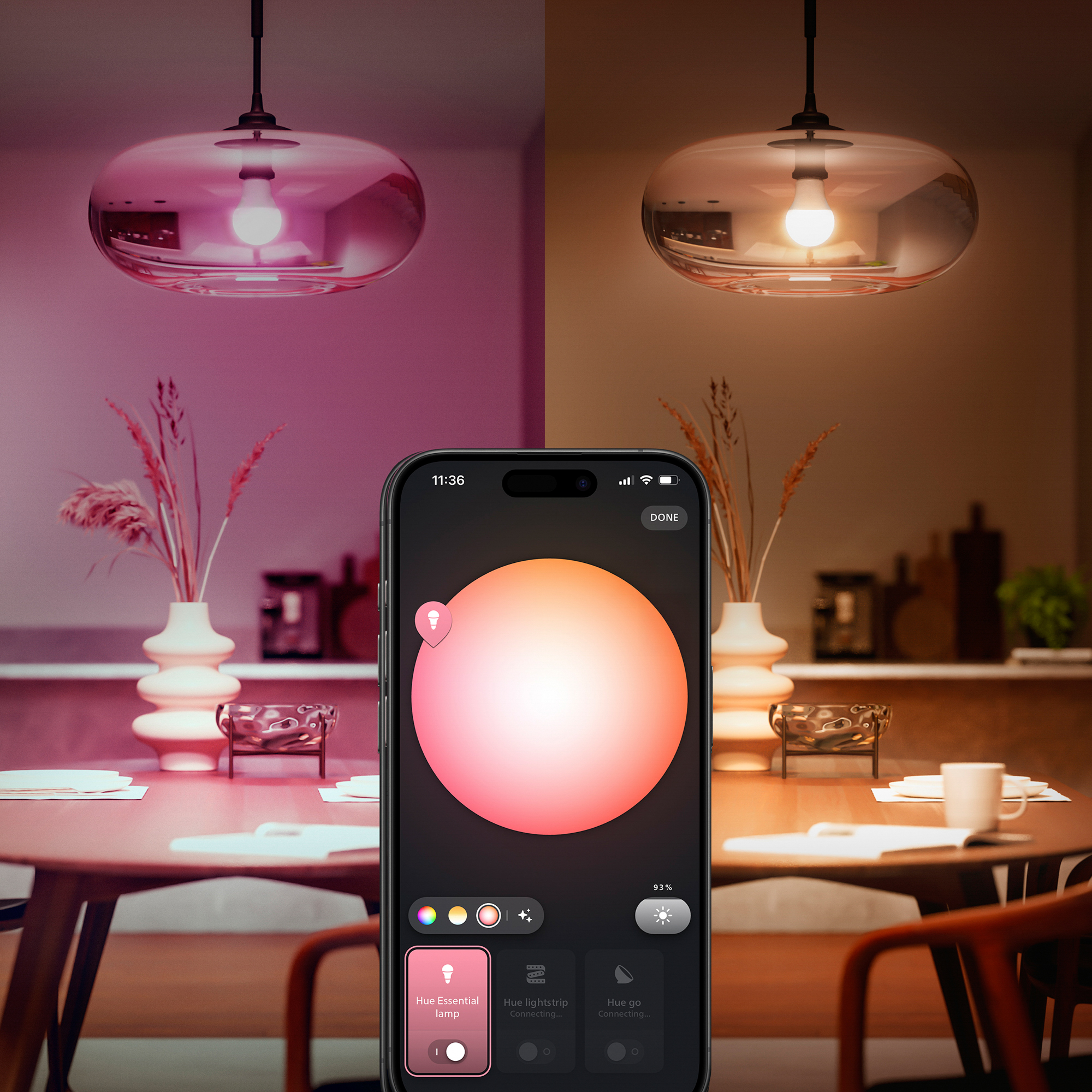 Ein Telefon steuert intelligente Lichter, mit zwei Hängelampen und einem Tisch in einem Raum mit unterschiedlicher Beleuchtung.