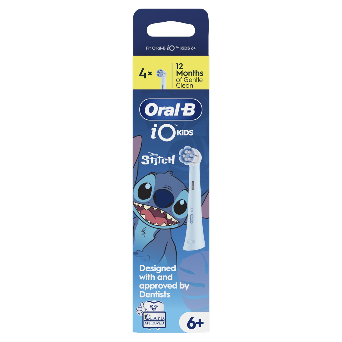 Oral-B iO Kids Zahnbürstenköpfe, mit Stitch, für Kinder ab 6 Jahren. Die Verpackung zeigt das Produkt und die Disney-Figur.