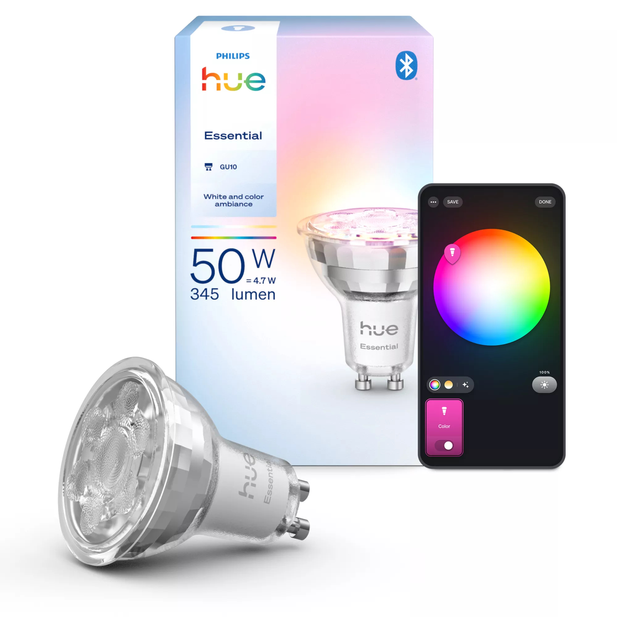 Philips Hue Essential GU10 ampulü, ambalajı ve renk kontrolünü gösteren telefon. Ampul gümüş ve beyaz renktedir.