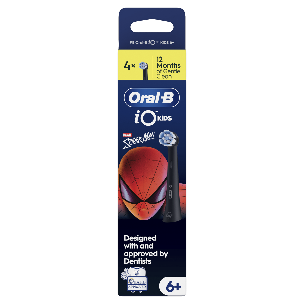Scatola di testine per spazzolino Oral-B iO Kids, tema Spider-Man. Mostra il prodotto e il volto del personaggio. Dice 6+ e approvato dai dentisti.