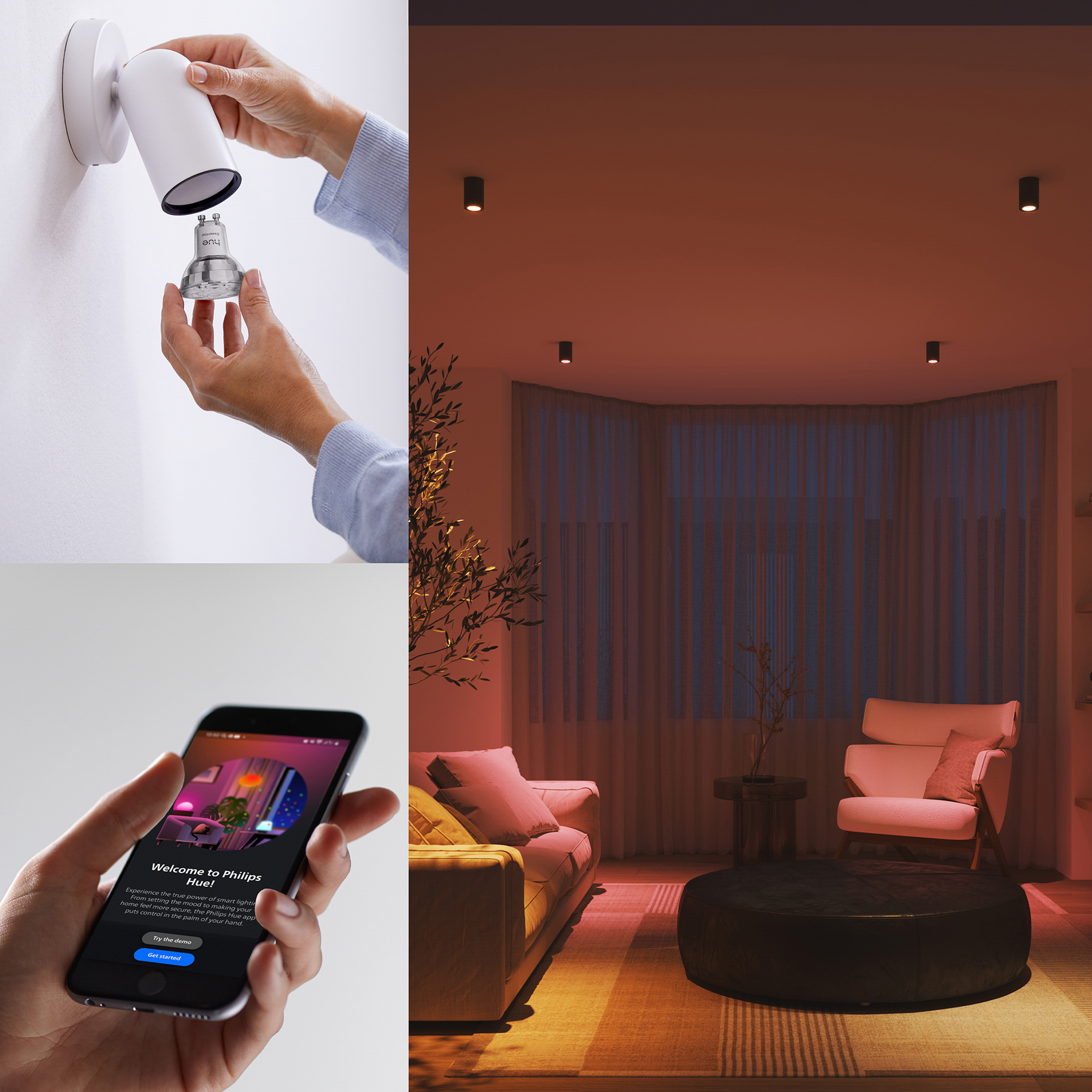 Das Bild zeigt die Installation von Philips Hue-Leuchten und die Steuerung per Smartphone, mit einer in warmen Tönen beleuchteten Wohnzimmerszene.