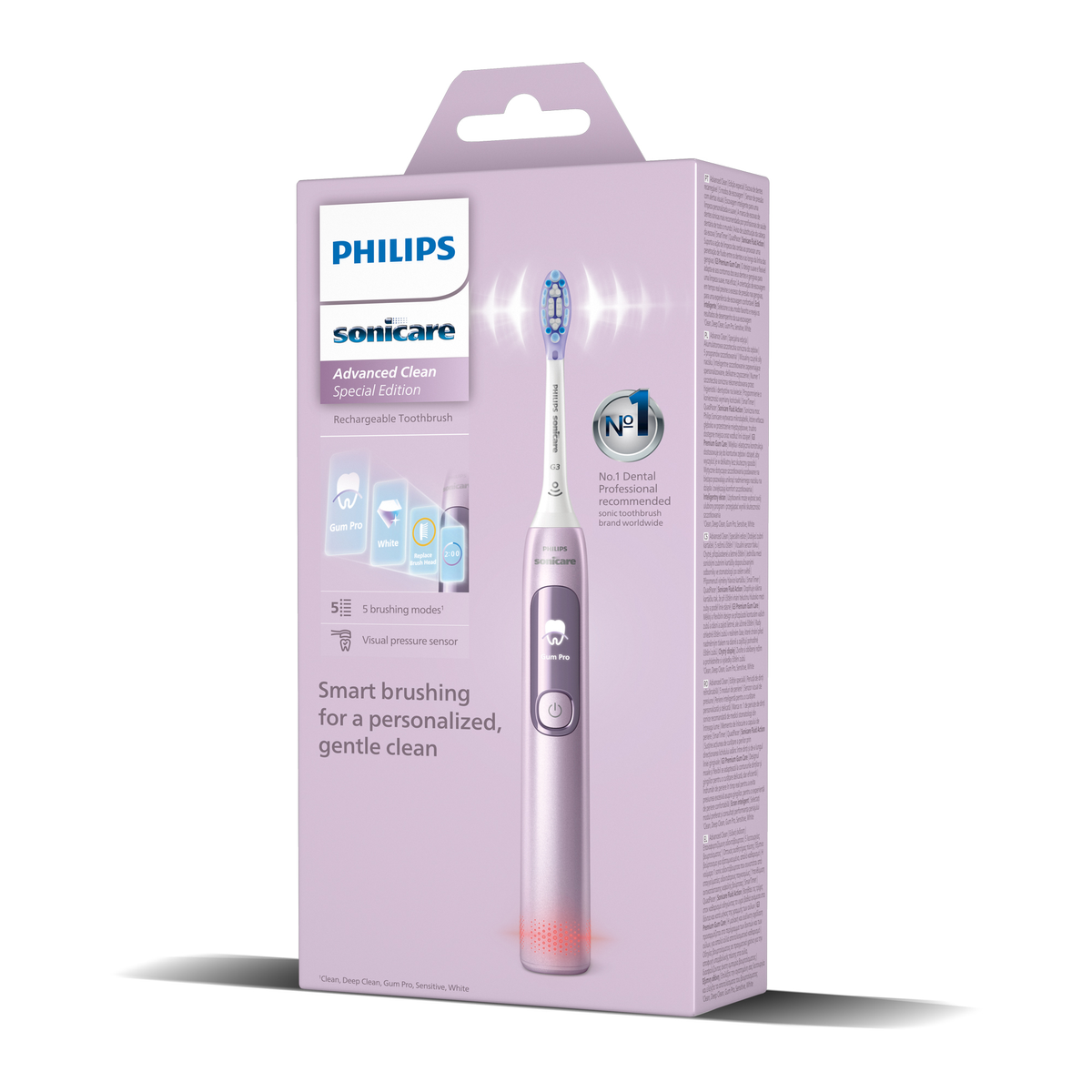 Eine Philips Sonicare Zahnbürste in einer lila Schachtel. Die Zahnbürste ist lila und weiß. Die Schachtel enthält Text und Grafiken.