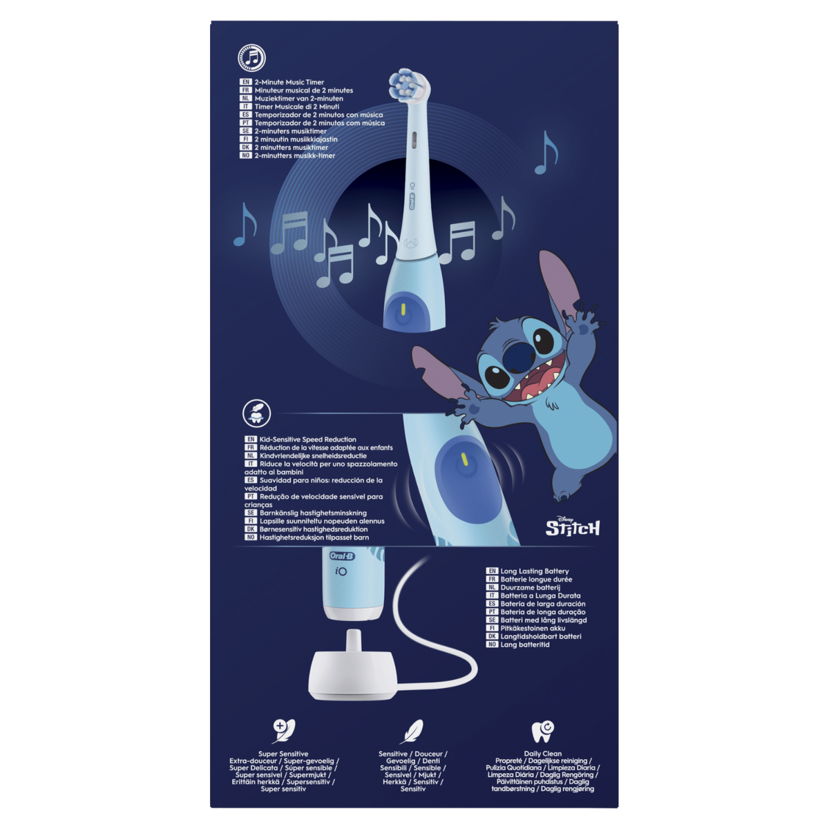 Blaue und weiße elektrische Zahnbürste von Oral-B mit Stitch-Cartoonfigur. Inklusive Ladestation und Noten.