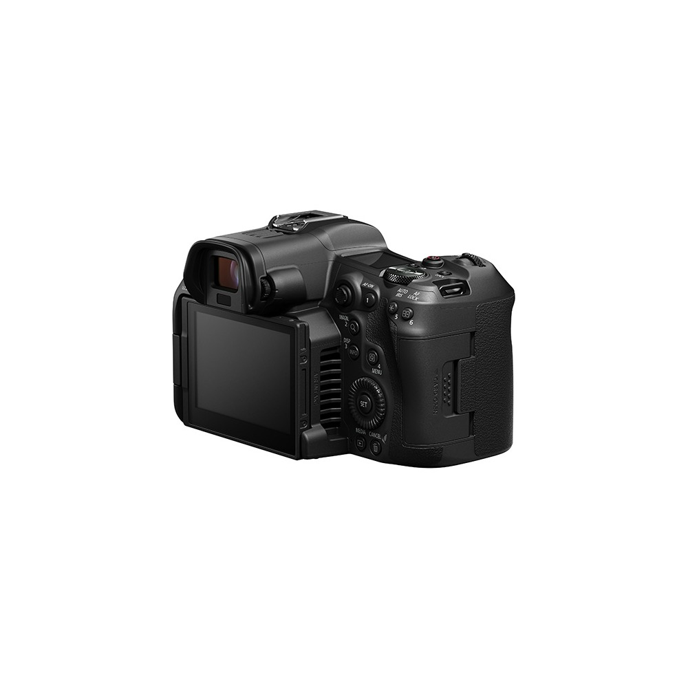 Una fotocamera digitale nera è mostrata di sbieco. Lo schermo è aperto, mostrando un display vuoto. Sono visibili i dettagli dei controlli.