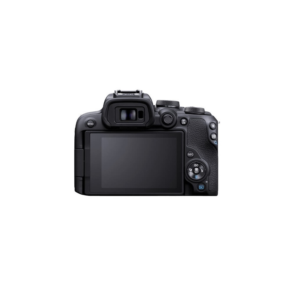 Rear view of a black camera. It has a screen, buttons, dials, and a viewfinder. The background is plain white.