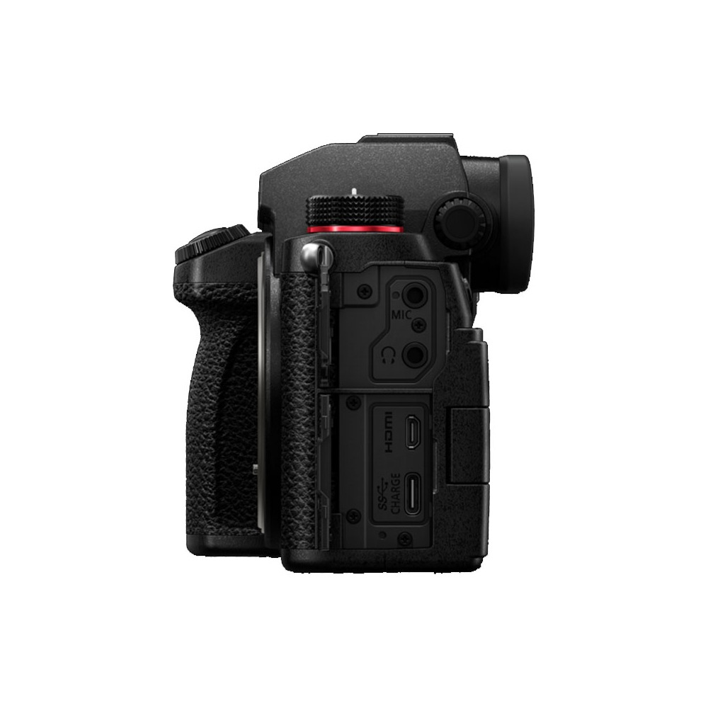 A black camera body, side view, showing ports for mic, headphones, HDMI, and charging. A red dial is visible.