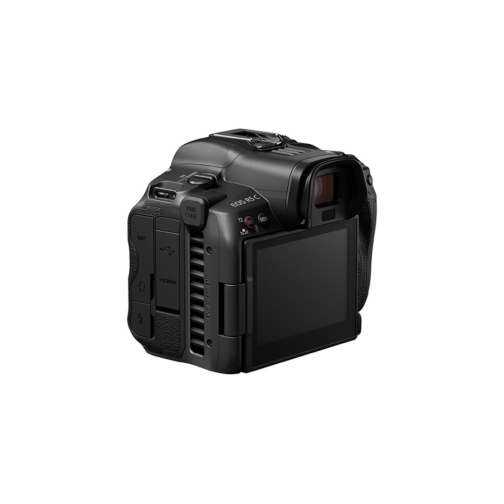 Viene mostrata una fotocamera Canon EOS R5 C nera. Lo schermo è aperto. Varie porte e pulsanti sono visibili sul lato.