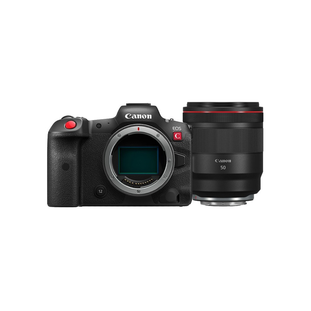 Una cámara Canon EOS C con una lente. La cámara es negra con un botón rojo. La lente es negra con un anillo rojo.