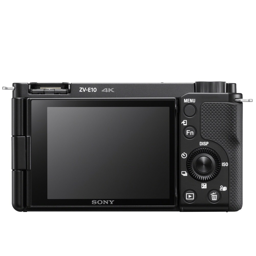 Rear view of a black Sony ZV-E10 4K camera. Features a screen, buttons, a dial, and the Sony logo at the bottom.