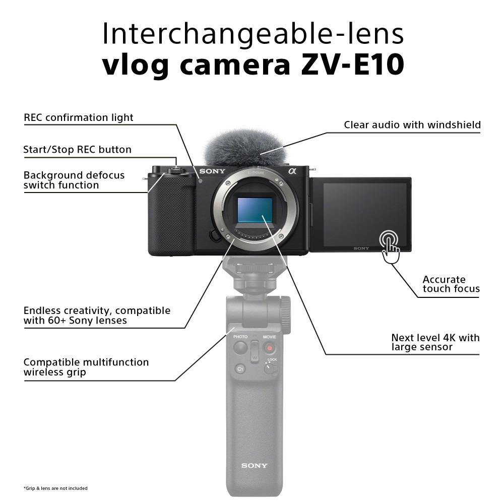 Una cámara vlog Sony ZV-E10 con micrófono, pantalla y agarre. Incluye 4K, enfoque táctil y compatibilidad con lentes Sony.