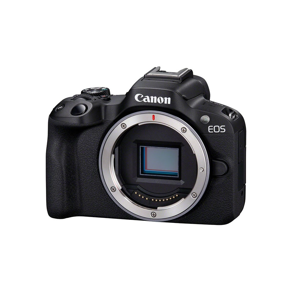 Fotocamera Canon EOS nera su sfondo bianco. Presenta attacco obiettivo, pulsanti, logo Canon e scritta EOS.