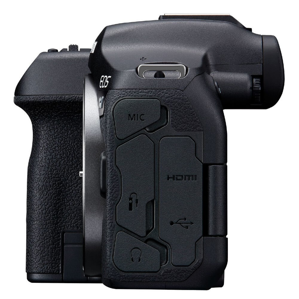 Black Canon EOS camera side view. Features include MIC, HDMI, and USB ports. The grip has a textured surface for better handling.