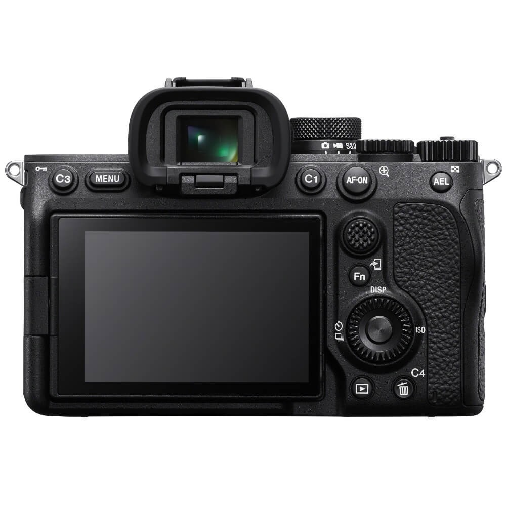 A black digital camera. It has a screen, buttons, dials, and a viewfinder. The camera is on a white background.