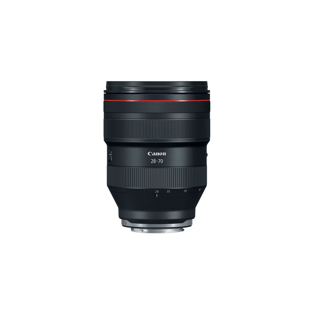 Un objetivo Canon 28-70. El objetivo es negro con un anillo rojo y texto blanco. Tiene un diseño estriado y una base plateada.