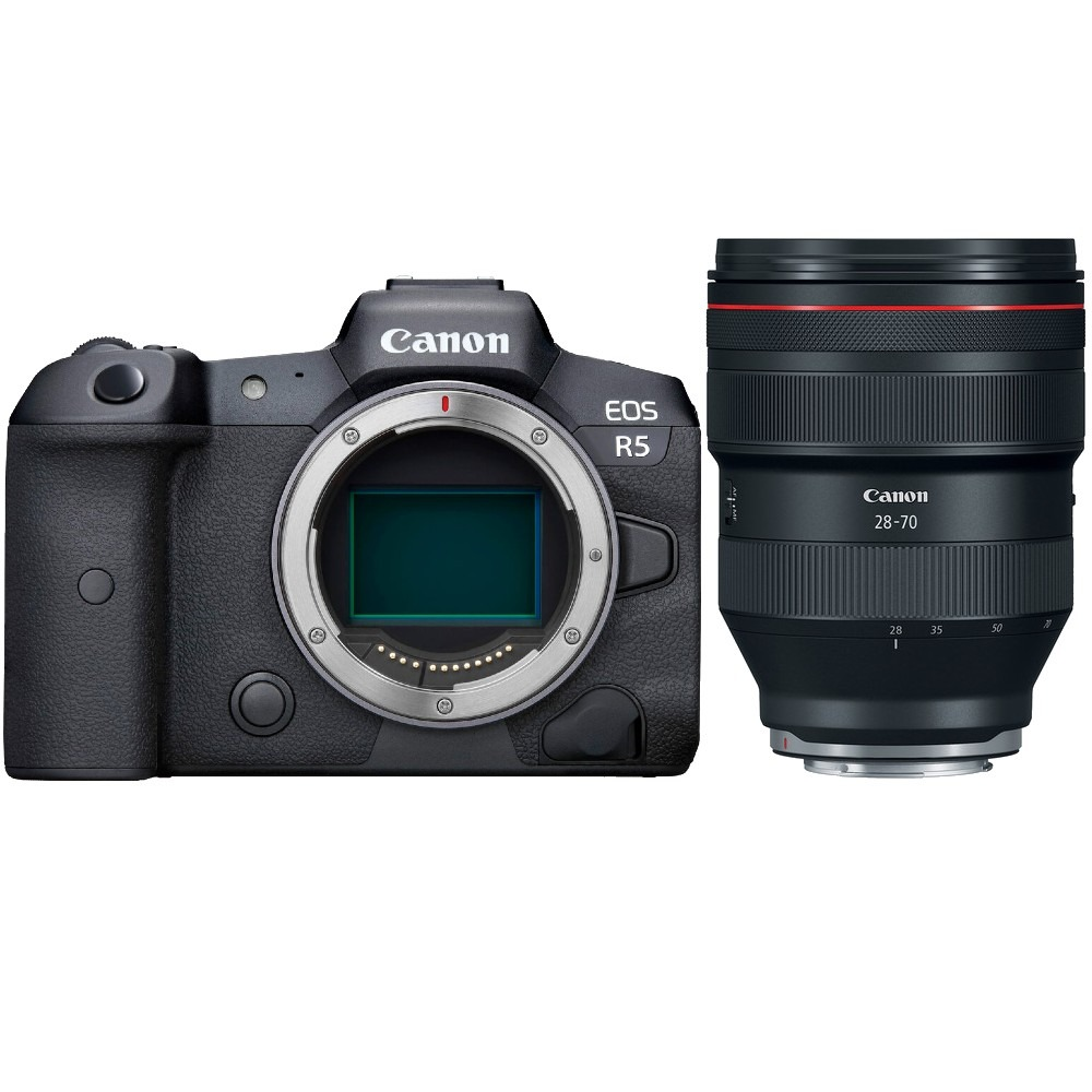 Cámara Canon EOS R5 negra con lente. La lente es negra con anillo rojo y Canon 28-70 escrito. El cuerpo de la cámara es negro.