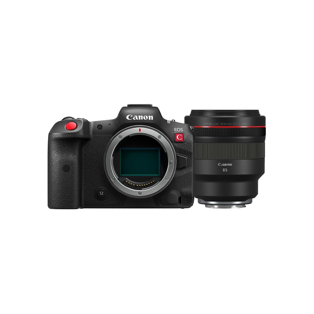 Una fotocamera Canon EOS con obiettivo. La fotocamera è nera con un pulsante rosso. L'obiettivo è nero con un anello rosso e Canon scritto.