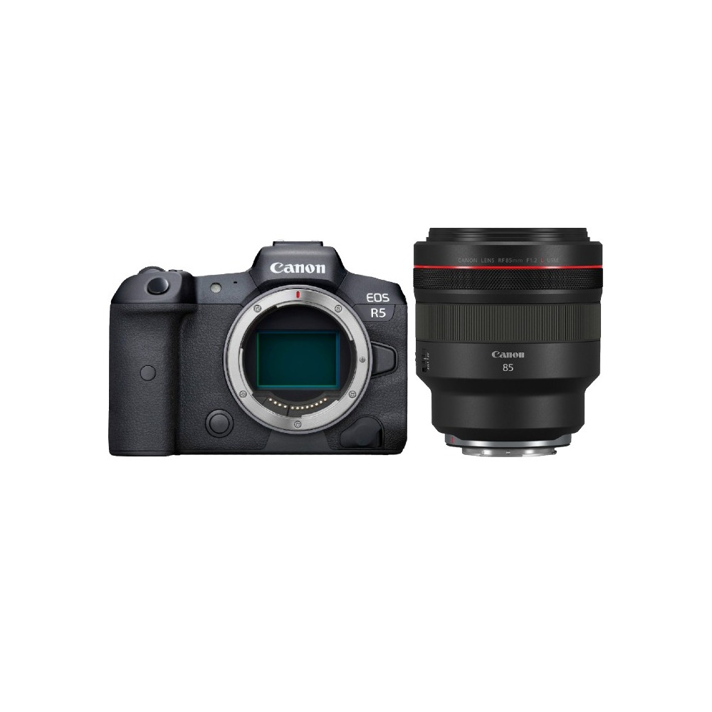 Una fotocamera Canon EOS R5 e un obiettivo Canon 85mm. Entrambi neri su sfondo bianco. L'obiettivo è a destra.