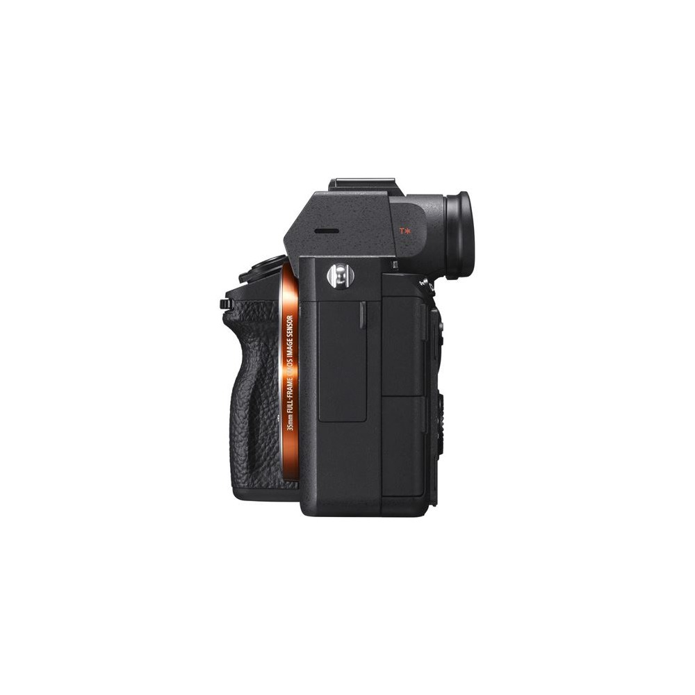 Side view of a black camera. Orange text reads '35mm FULL-FRAME CMOS IMAGE SENSOR'. The lens is black, with a silver ring.