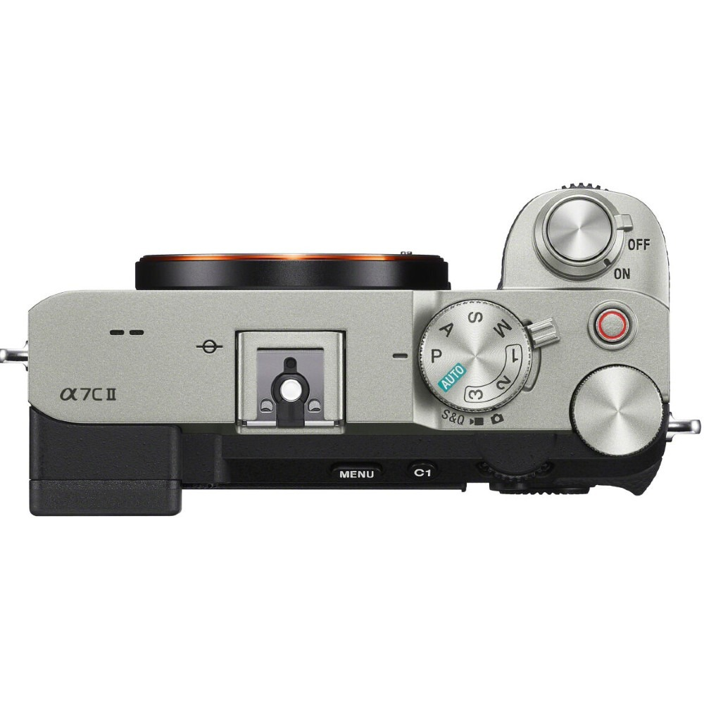 Top view of a silver camera, model a7II, with various dials, buttons, and a lens mount. The 'ON/OFF' switch is visible.