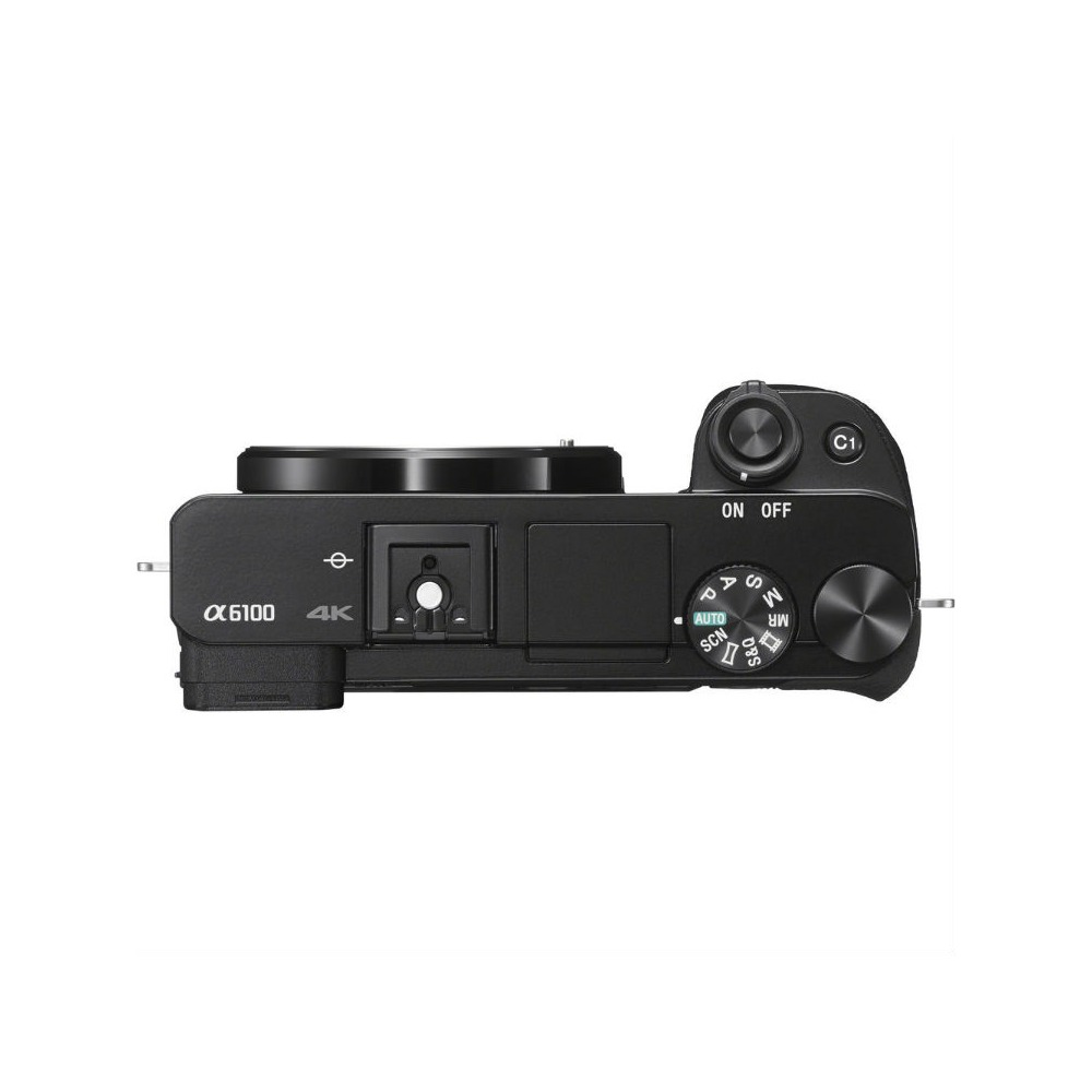 A black Sony Alpha 6100 camera, viewed from above, with lens attached. Controls are visible, including a mode dial and power button.
