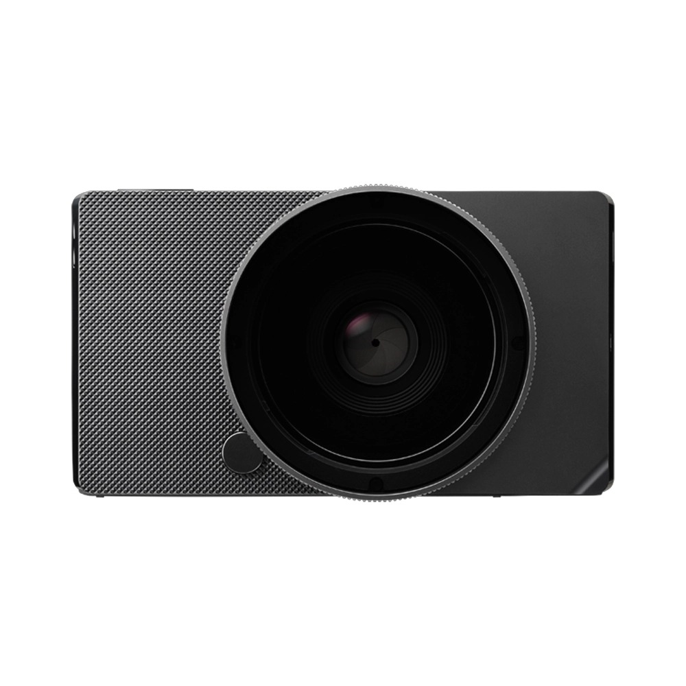 A black camera with a large lens is centered. The left side is textured. A small button is visible on the bottom.