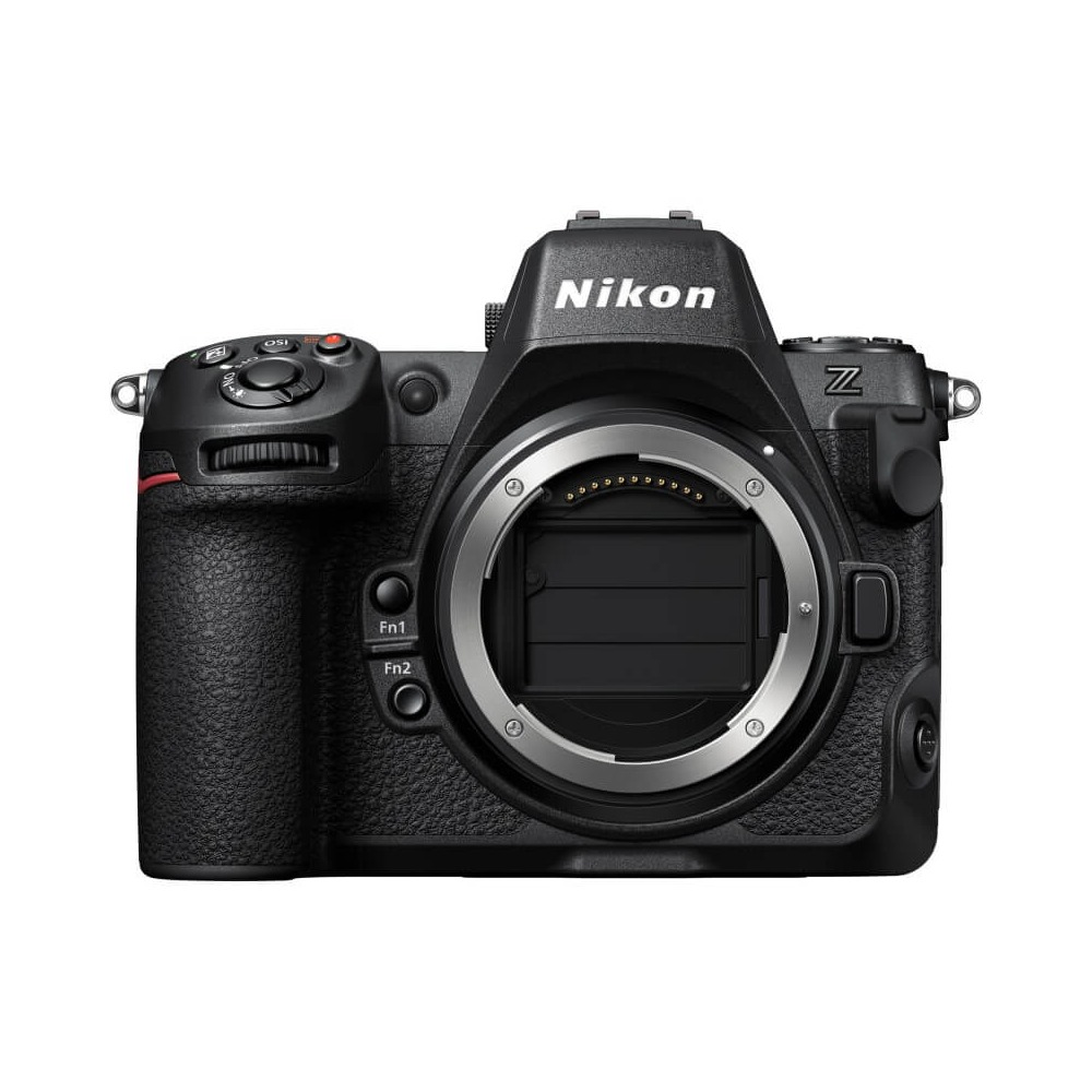 Una fotocamera nera Nikon serie Z è centrata, mostrando l'attacco dell'obiettivo e i controlli. Il logo Nikon è visibile.