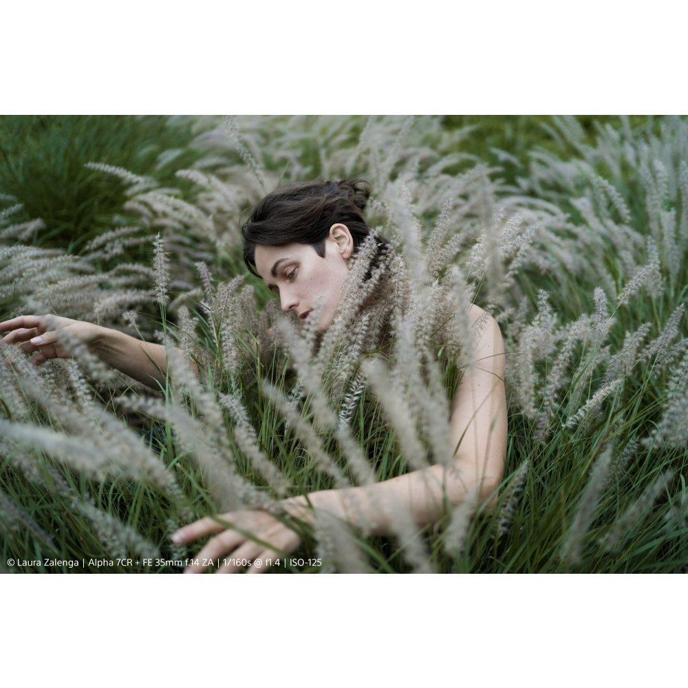 A woman with dark hair sits in tall grass, touching it gently. The scene is soft and natural, with a focus on texture and light.