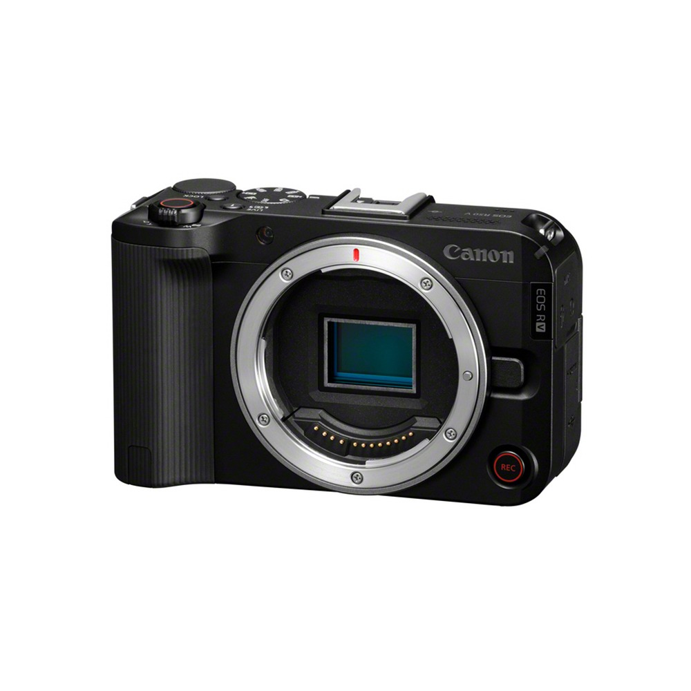 Una fotocamera Canon EOS R nera. Ha un ampio attacco per l'obiettivo. L'obiettivo non è collegato. Il pulsante REC è visibile.