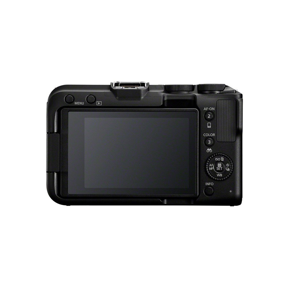 Rear view of a black camera, screen on, with buttons, dials and a flash mount. Camera is on a white background.