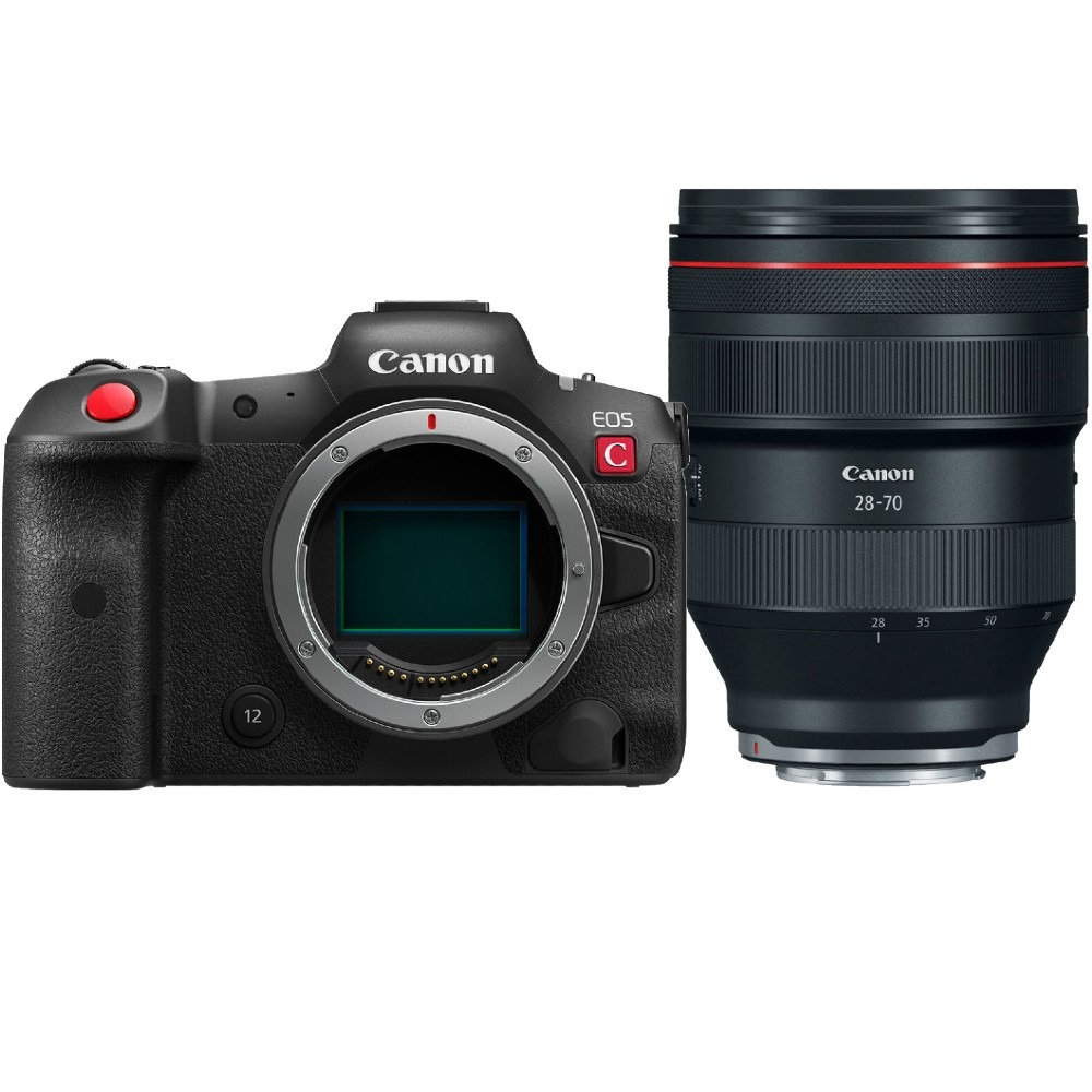 Un cuerpo de cámara Canon EOS C y una lente de 28-70 mm. La cámara es negra con un botón rojo, la lente es negra con texto blanco.