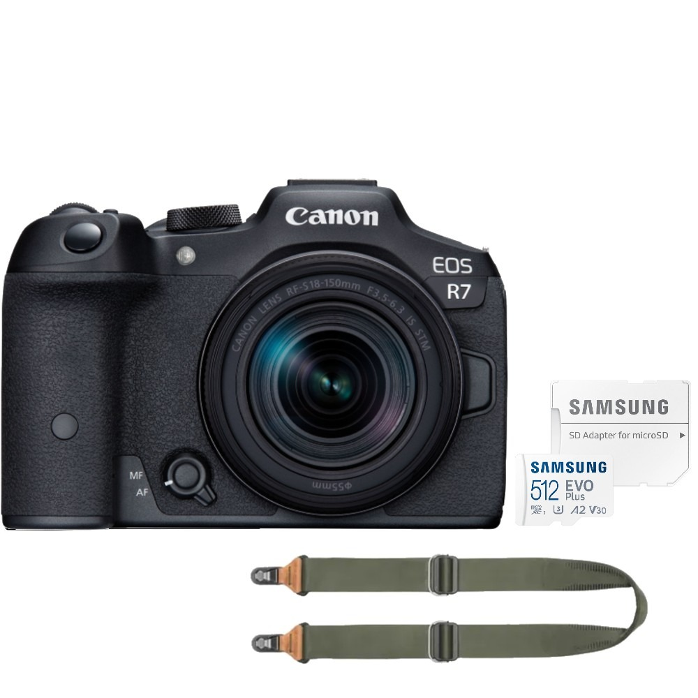 Una fotocamera Canon EOS R7, una scheda SD Samsung e una tracolla per fotocamera. La fotocamera è nera con obiettivo, la tracolla verde.