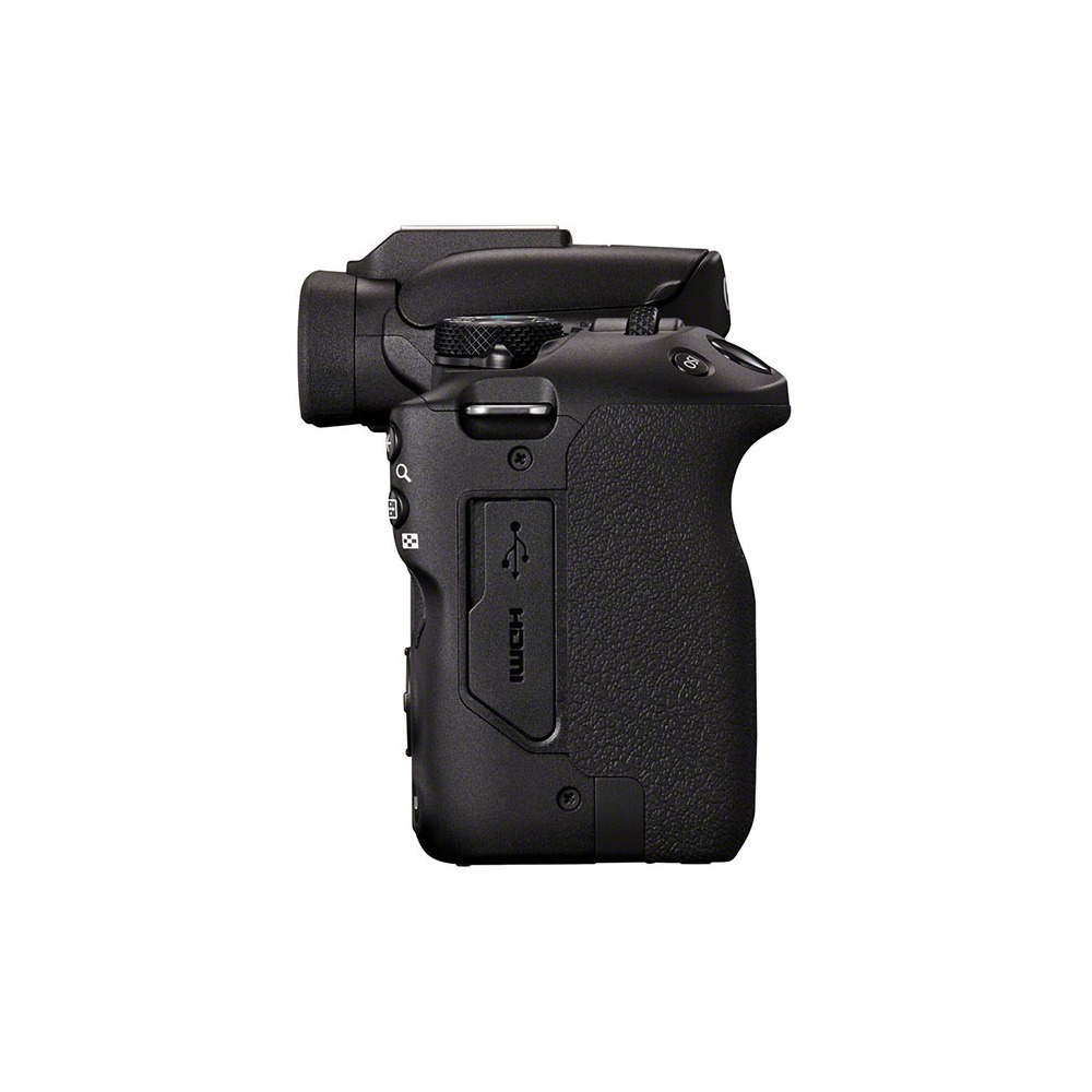 Side view of a black camera. It has a grip, buttons, and ports, including an HDMI port. The camera is on a white background.