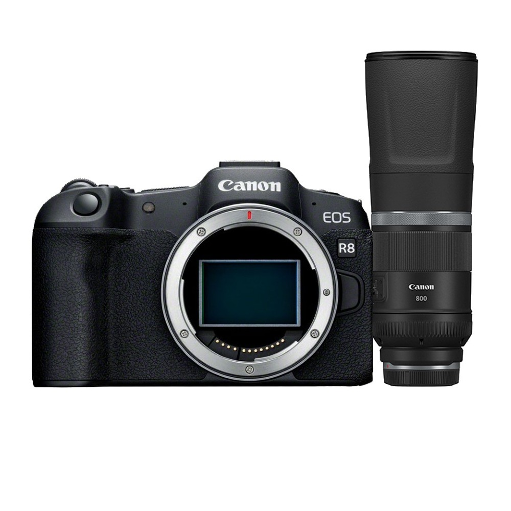Una fotocamera Canon EOS R8 con un obiettivo. La fotocamera è nera con attacco argento. L'obiettivo è nero e cilindrico.