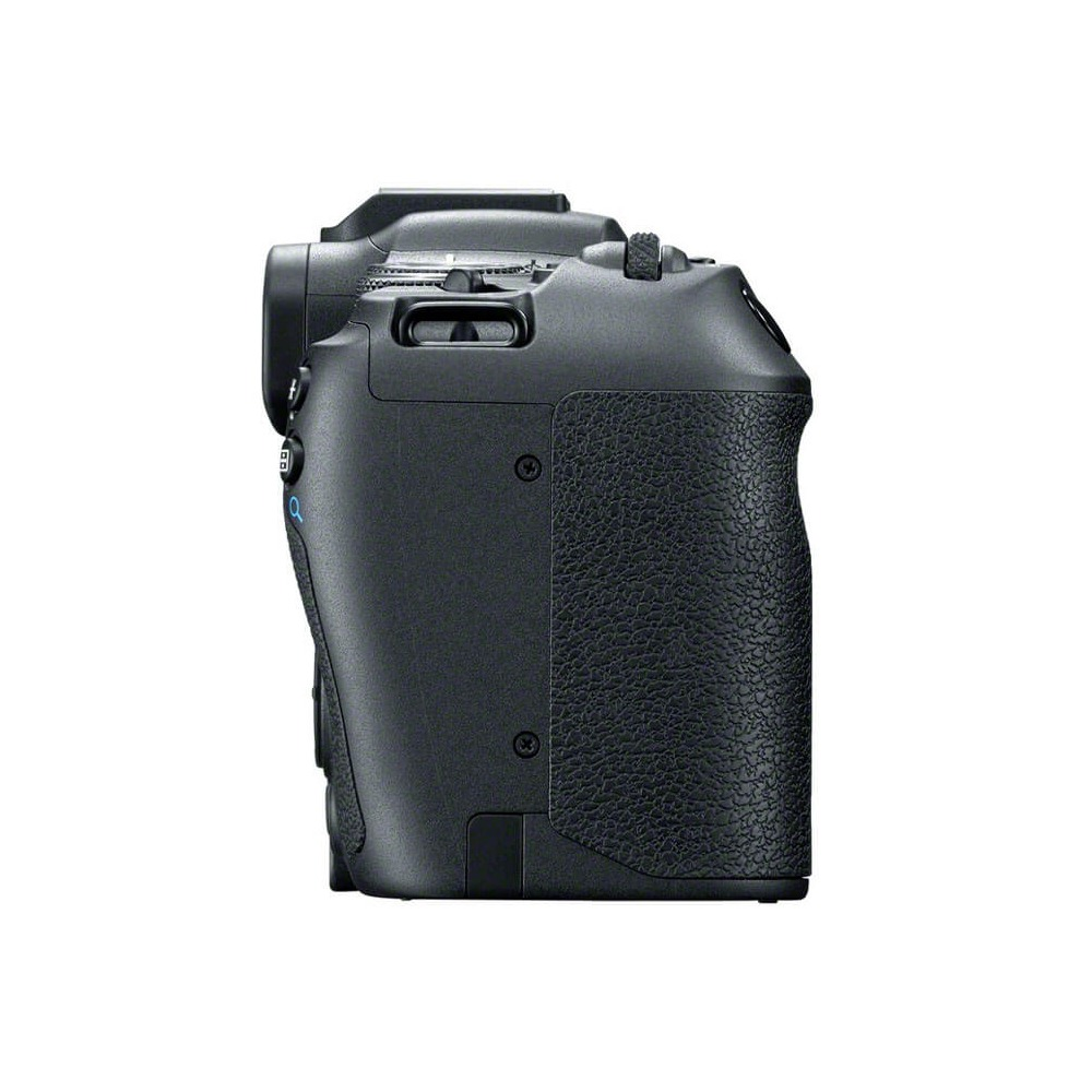 A side view of a black camera. It has a textured grip, buttons, and a lens mount. The background is plain white.