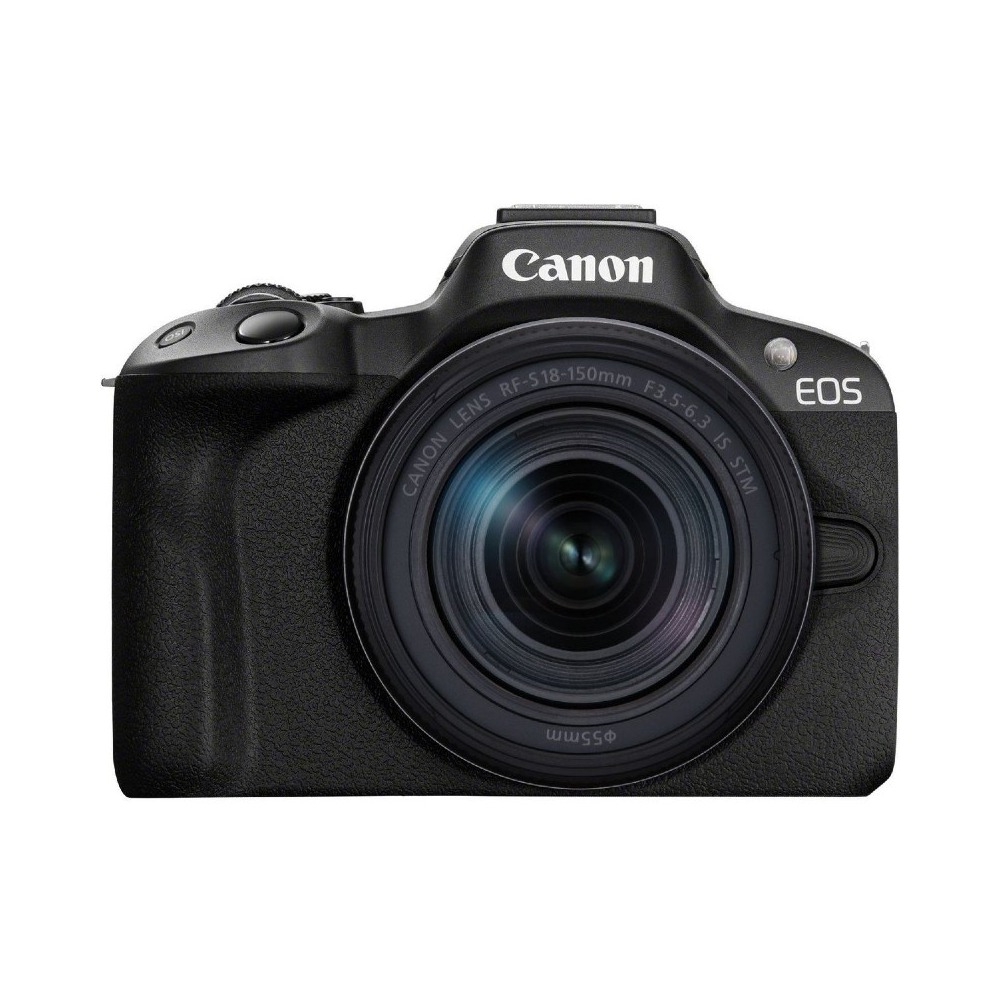 Una fotocamera Canon EOS nera. L'obiettivo è centrato, con dettagli sull'obiettivo. Il logo Canon è visibile sopra l'obiettivo, con EOS a destra.