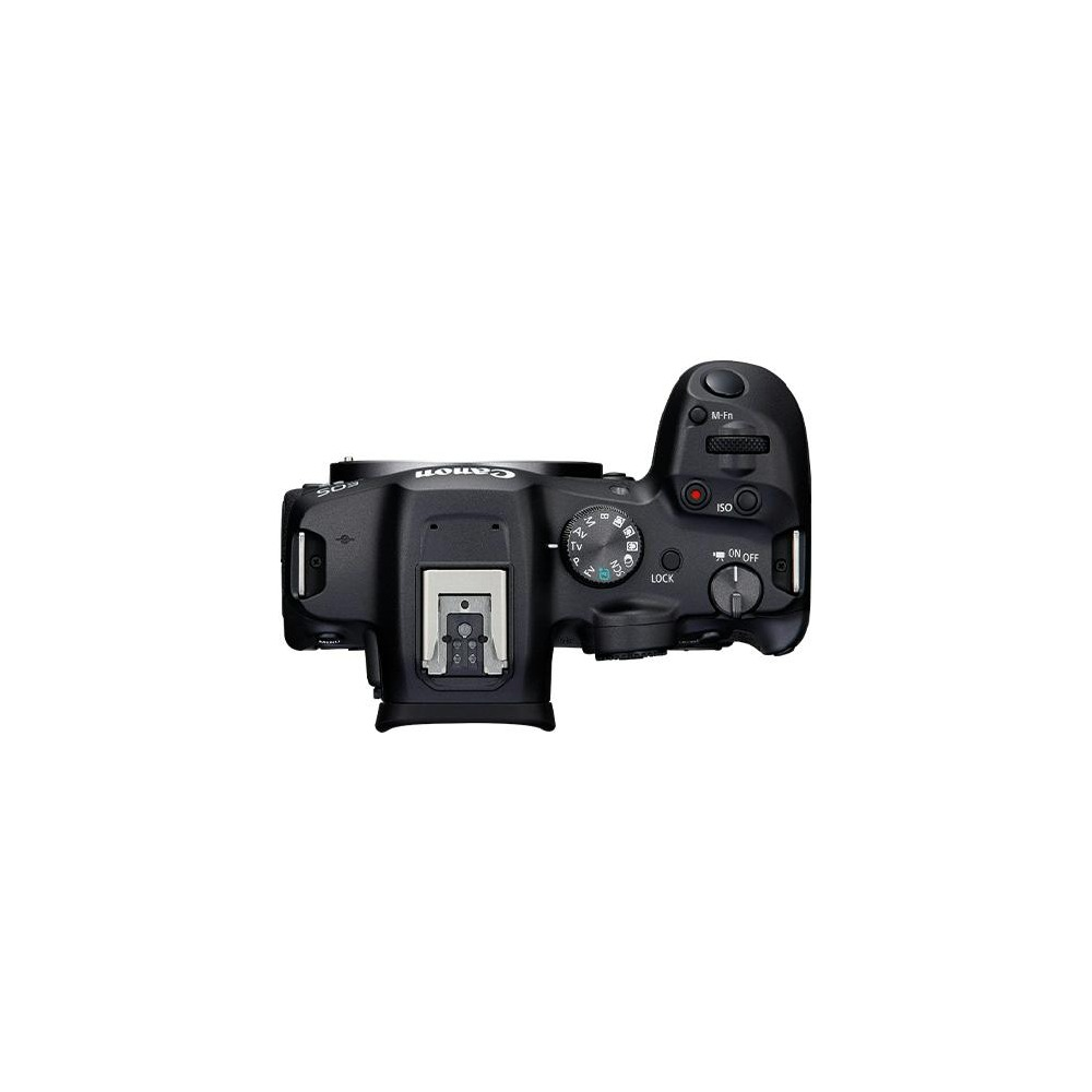 Top view of a black Canon camera. The lens mount is visible at the bottom. Various dials, buttons, and settings are present.
